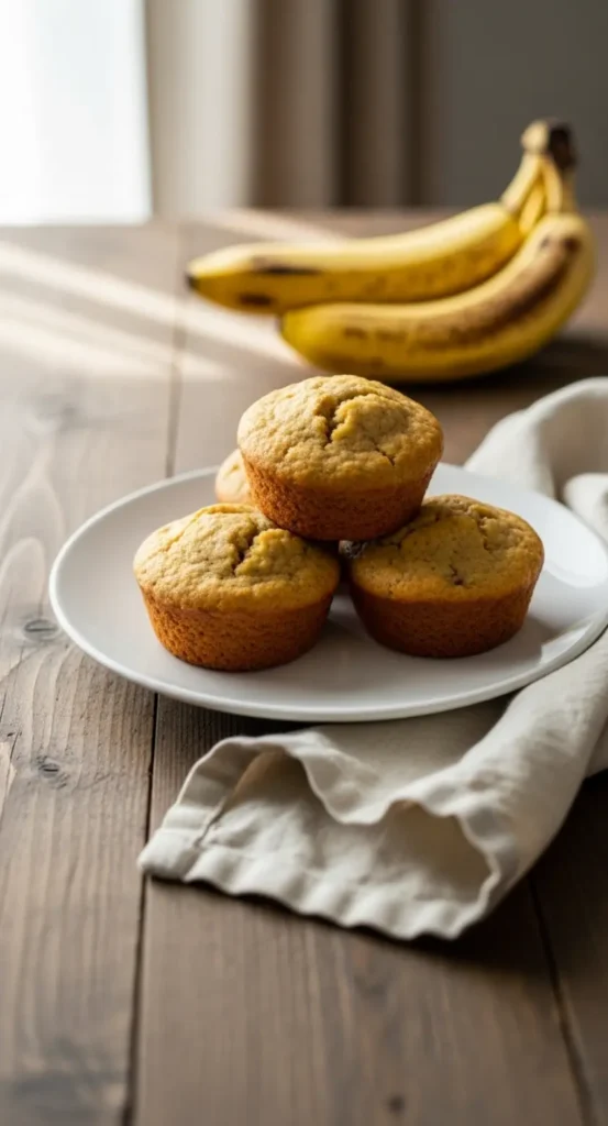 3 Ingredient Banana Muffins for Easy Weeknight Treats 8 3 Ingredient Banana Muffins stacked with ripe bananas