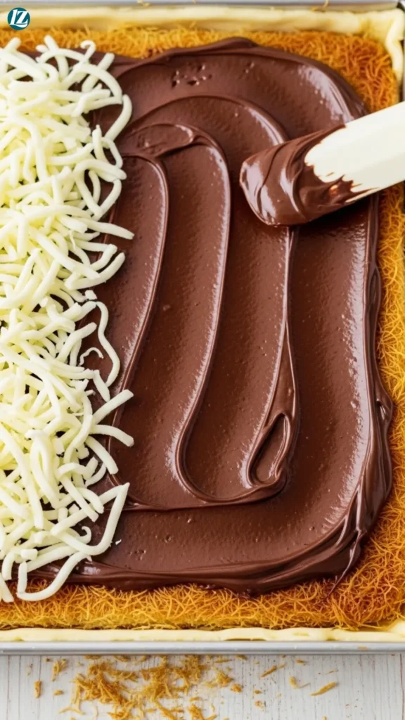 Dubai Chocolate Kunafa 3 Layering kunafa dough, chocolate, and cheese in a baking pan