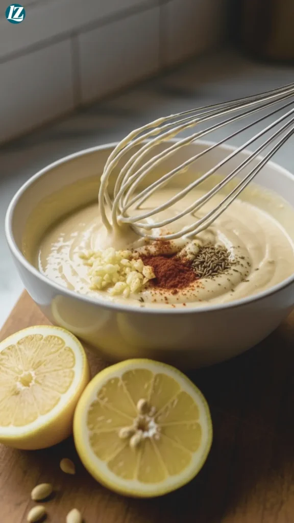 Easy Tahini Chicken Bowl 3 Lemon-tahini marinade being whisked smooth with garlic and spices