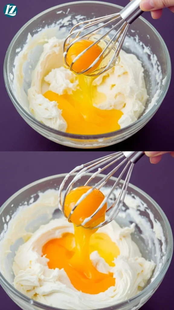 Egg being mixed into cream cheese batter, one at a time