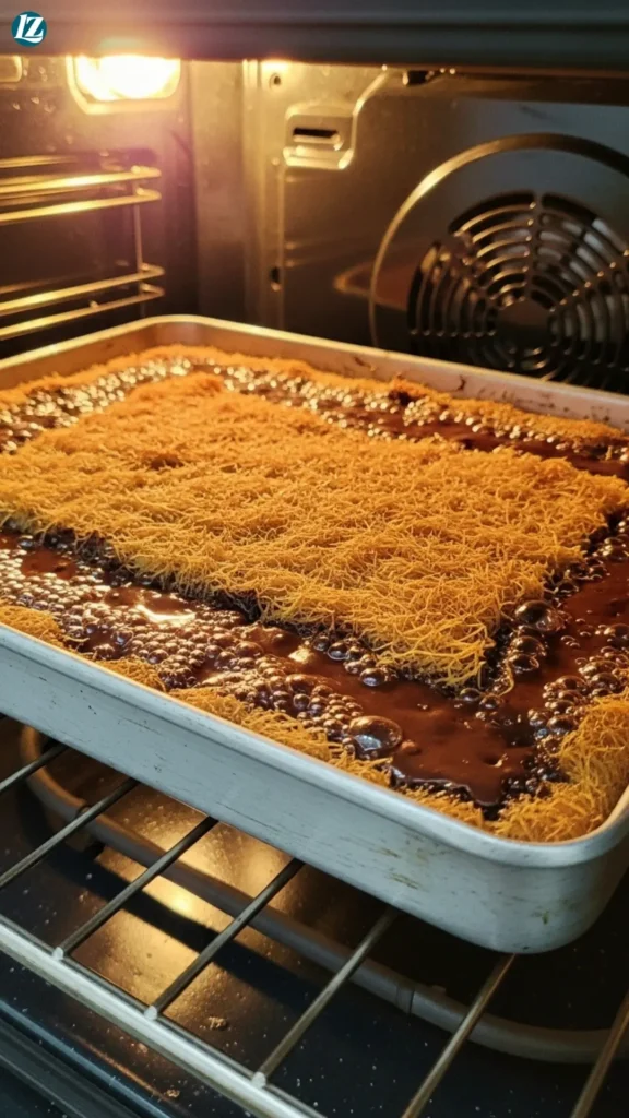 Dubai Chocolate Kunafa 4 Freshly baked chocolate kunafa in the oven turning golden