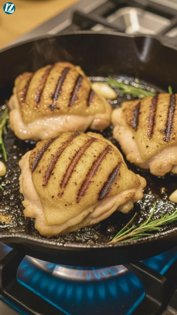 Easy Tahini Chicken Bowl 4 Chicken thighs searing in a skillet with golden edges and grill-like char