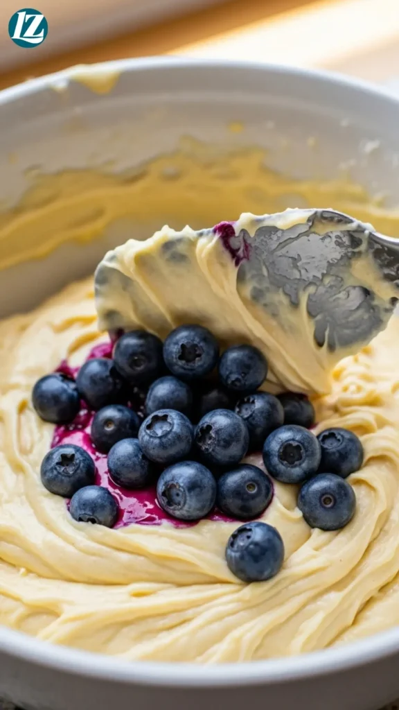 Blueberry Cottage Cheese Waffles 4 Blueberries being gently folded into waffle batter