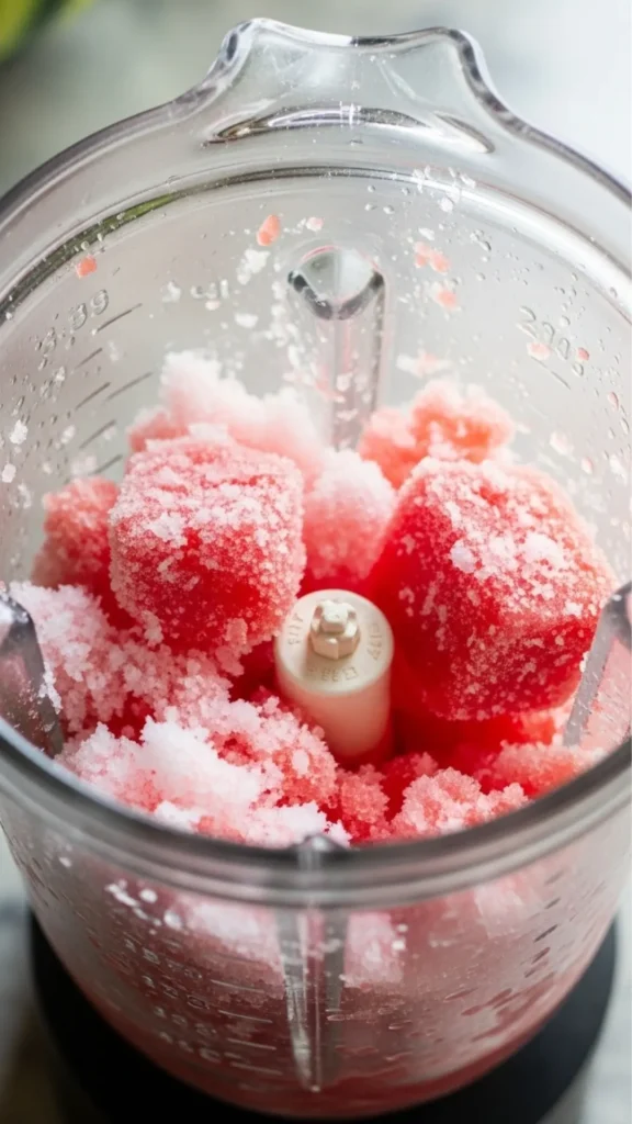 Blender Watermelon Shaved Ice Fresh, Fast, Hydrating 5 Frozen watermelon pulsed in a blender into snow-like flakes
