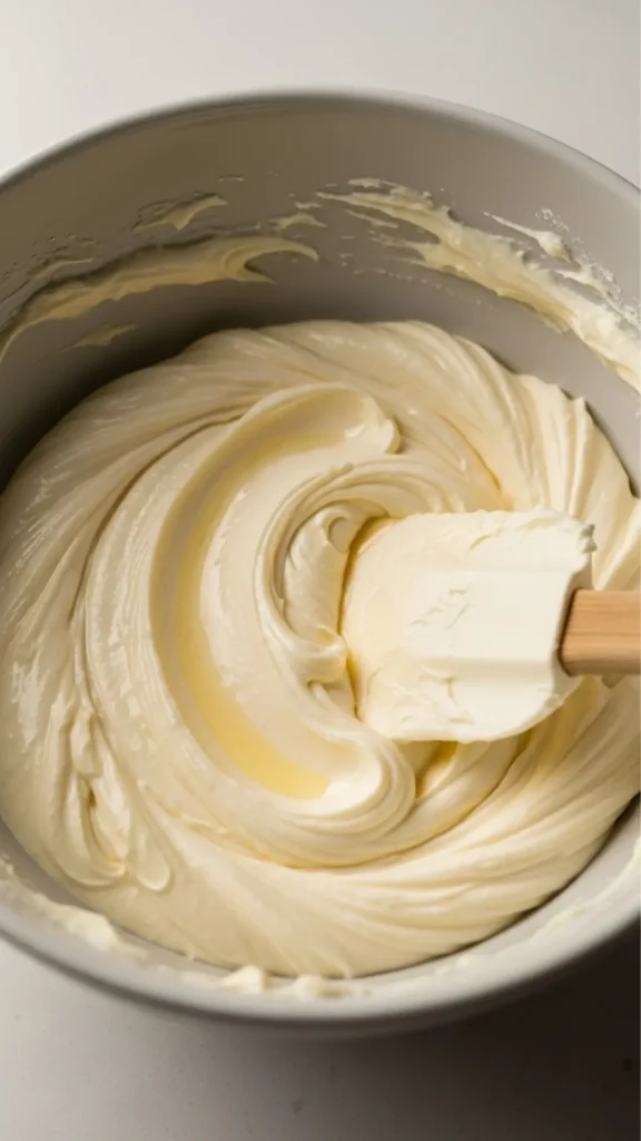 Easy No-Bake Biscoff Cheesecake 5 Cream cheese, sugar, and vanilla beaten smooth in a bowl