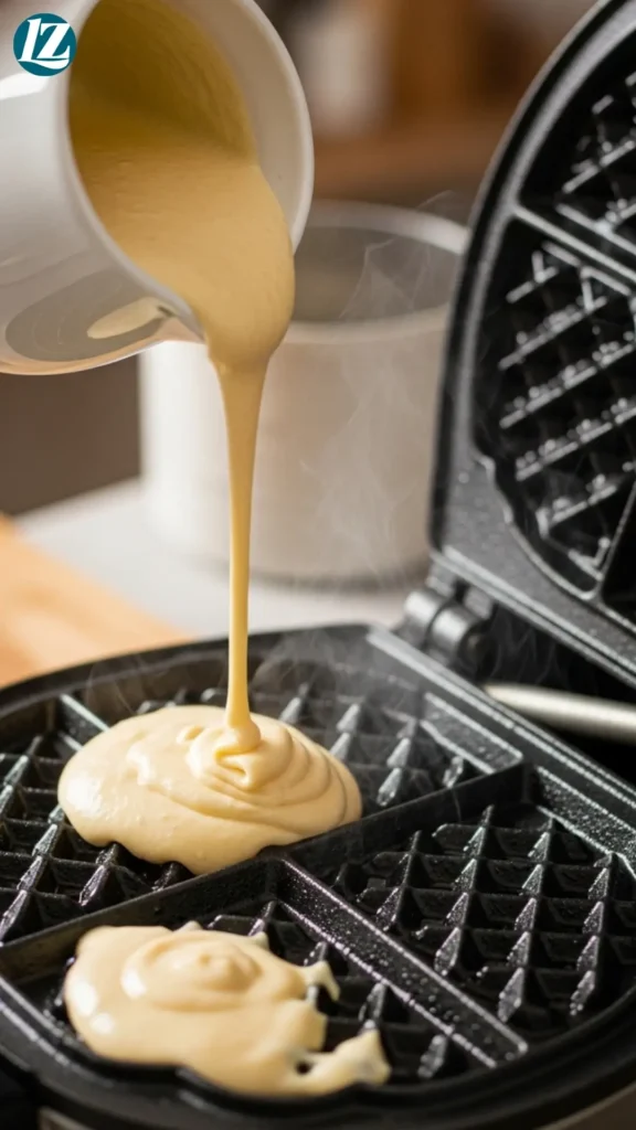 Blueberry Cottage Cheese Waffles 5 Pouring waffle batter into hot waffle iron