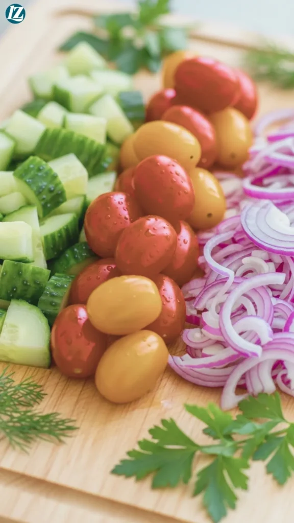 Easy Tahini Chicken Bowl 5 Diced cucumber, cherry tomatoes, and red onion on a board with herbs