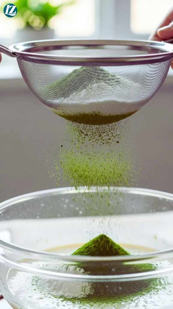 Flour and matcha being sifted into the batter