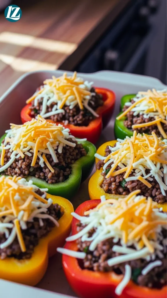 Beef And Chorizo Stuffed Peppers 5 Filling packed into peppers, topped generously with shredded cheese