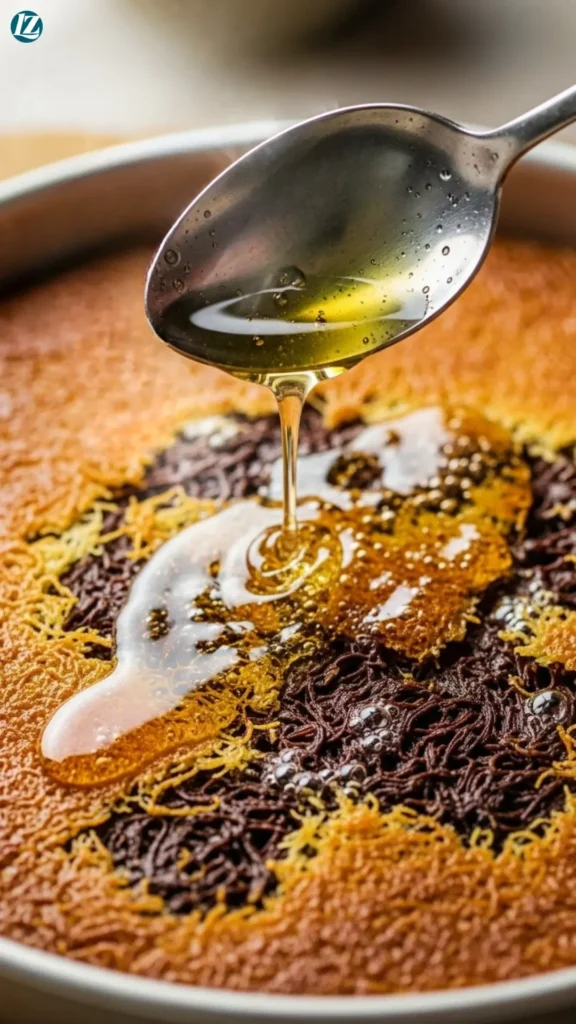 Dubai Chocolate Kunafa 5 Pouring warm syrup over freshly baked chocolate kunafa