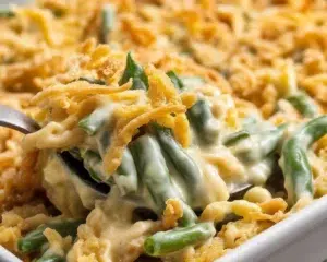 Green Bean Casserole with Crispy Fried Onions served in a baking dish.