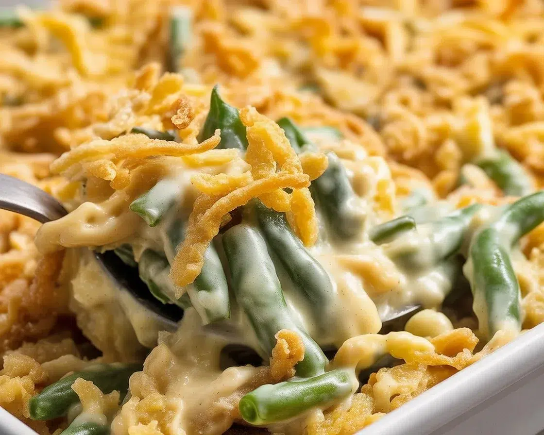 Green Bean Casserole with Crispy Fried Onions served in a baking dish.
