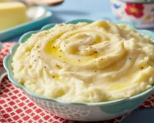 Delicious bowl of The Creamiest Homestyle Mashed Potatoes with butter on top.