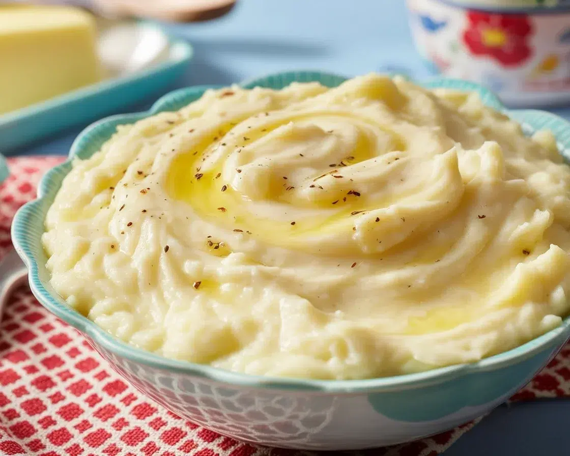 Delicious bowl of The Creamiest Homestyle Mashed Potatoes with butter on top.