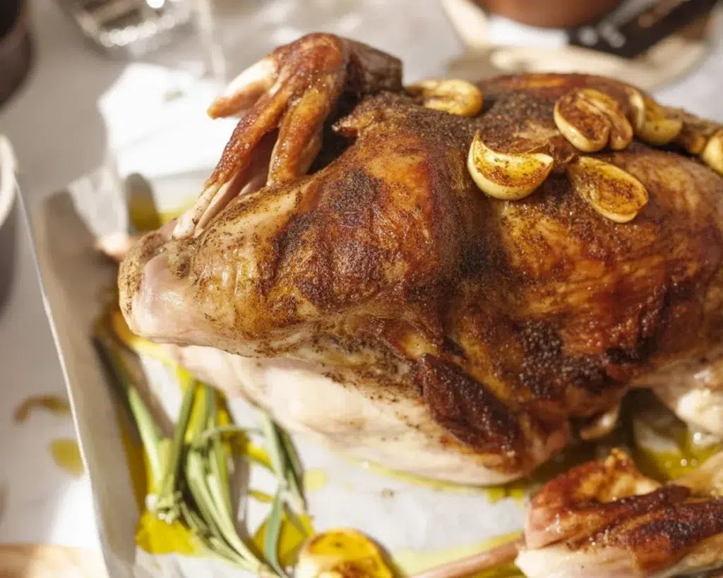Garlic Herb Butter Roasted Turkey with golden skin and herbed butter underneath the skin