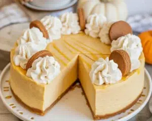 No-Bake Pumpkin Cheesecake with Gingersnap Crust topped with whipped cream and spices.