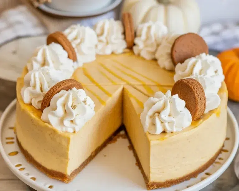 No-Bake Pumpkin Cheesecake with Gingersnap Crust topped with whipped cream and spices.