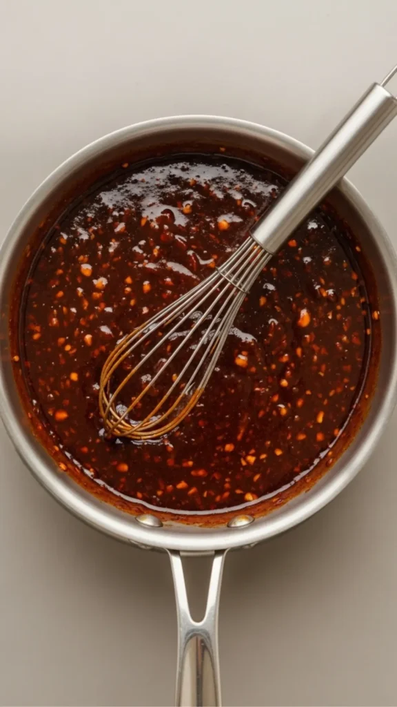 General Tso’s Chicken Wrap: Takeout Flavor, Weeknight Easy 5 Thickened General Tso’s sauce in a small pan with whisk