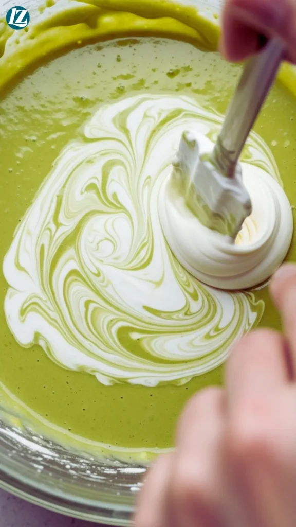 Heavy cream and vanilla being stirred gently into matcha batter