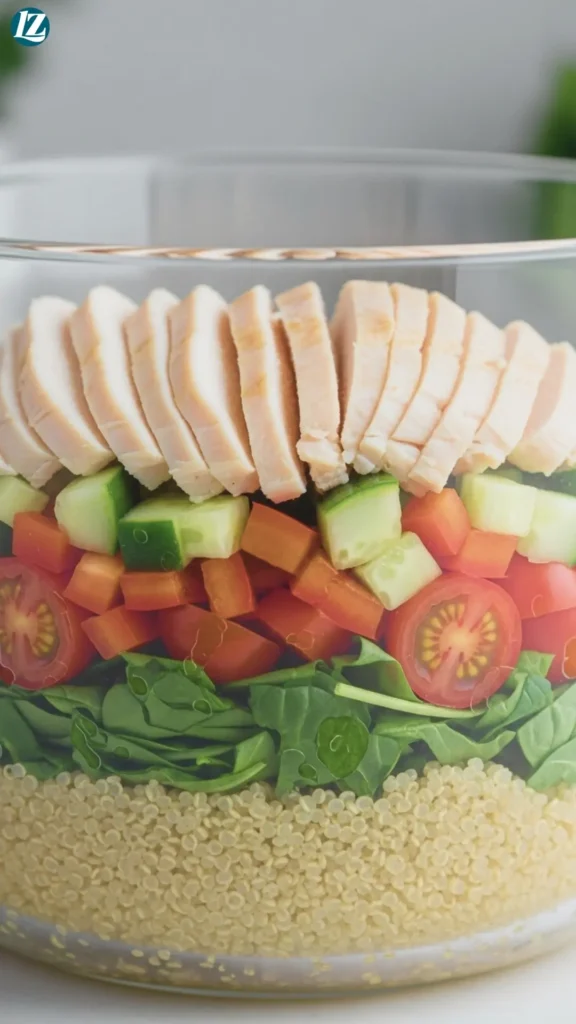 Easy Tahini Chicken Bowl 6 Layering quinoa, veggies, and sliced chicken in a bowl