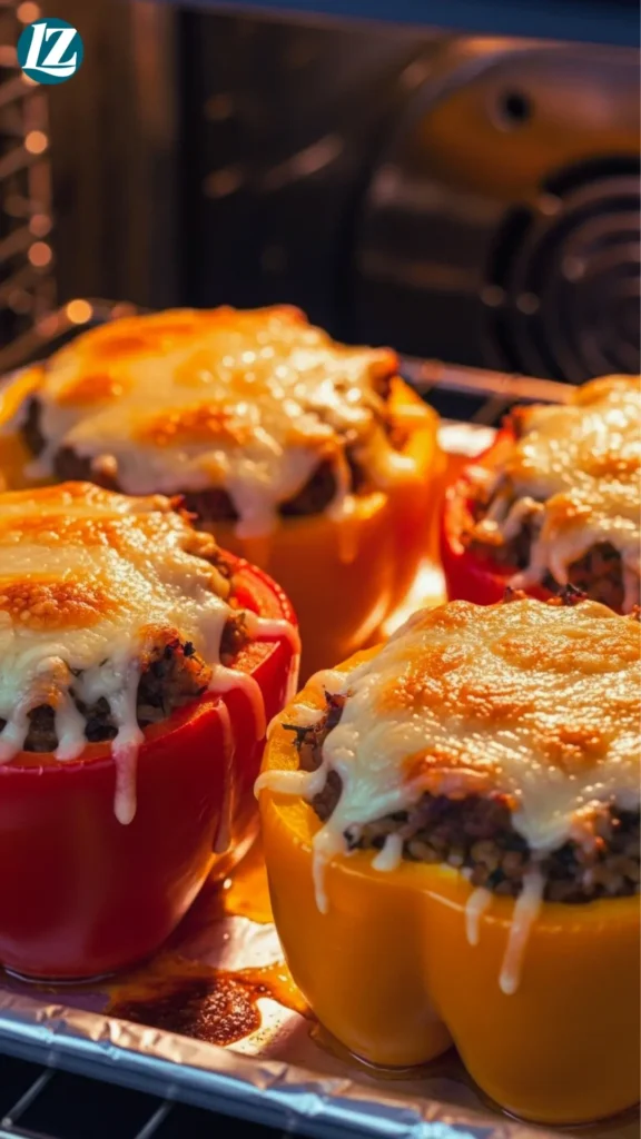 Beef And Chorizo Stuffed Peppers 6 Stuffed peppers baking in oven; foil removed for final browning