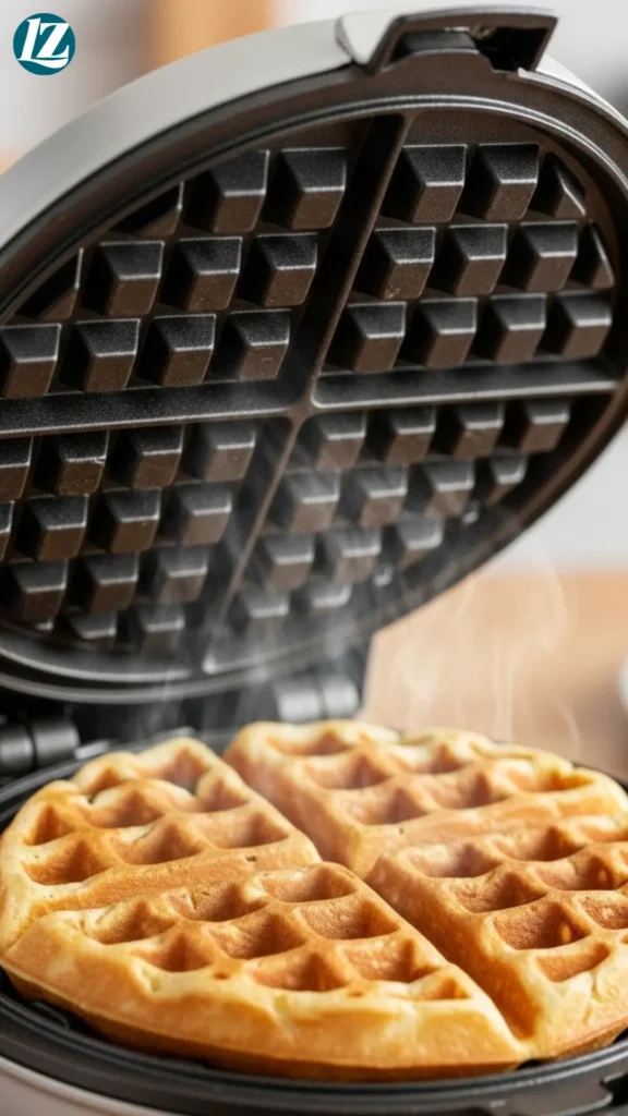 Blueberry Cottage Cheese Waffles 6 Golden, crispy waffle just cooked in the iron, steam rising