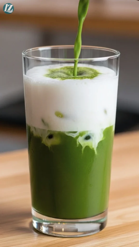 Matcha poured into glass, then layered with frothed coconut milk