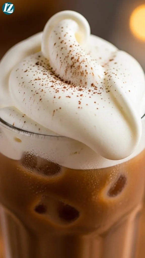 Vanilla Cold Foam White Mocha 7 Vanilla cold foam crowned over iced white mocha, light cocoa dust