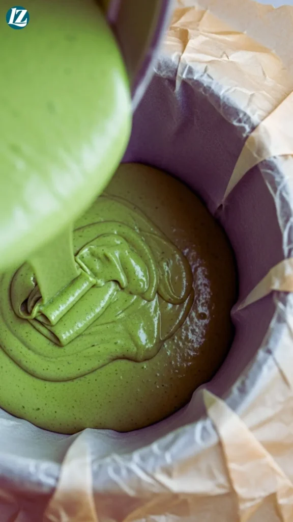 Crumpled parchment lining an 8-inch cake pan, batter being poured
