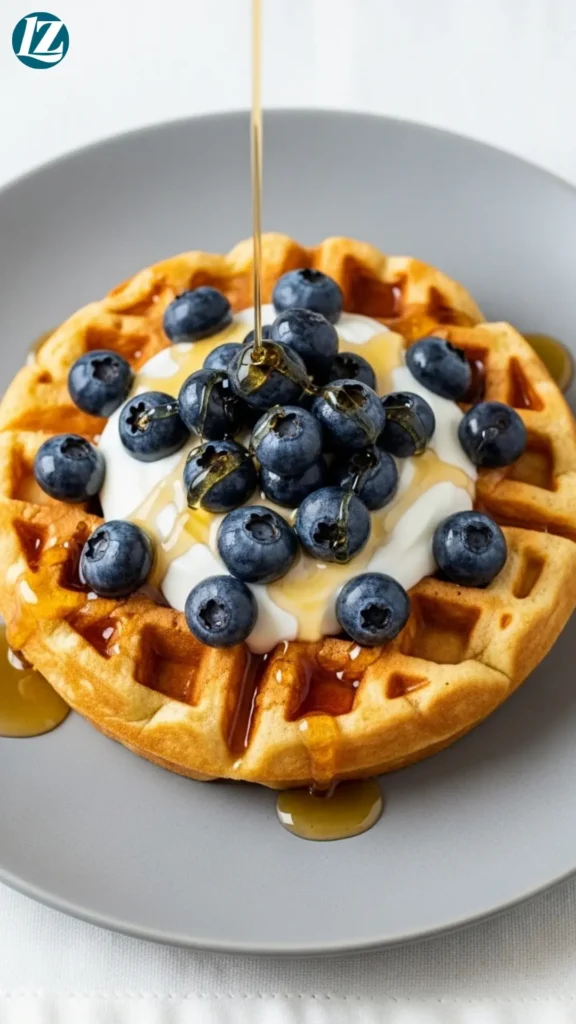 Blueberry Cottage Cheese Waffles 7 Plated waffle with yogurt, fresh blueberries, and maple syrup