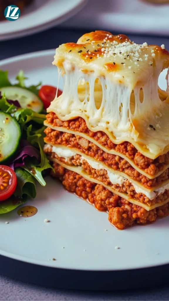 Healthy Turkey Lasagna 7 Plated slice of healthy turkey lasagna showing tall layers and melted cheese pull