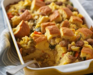 Southern-Style Cornbread and Sausage Stuffing served in a warm dish
