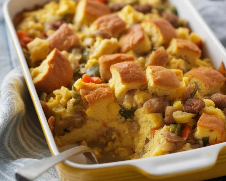 Southern-Style Cornbread and Sausage Stuffing served in a warm dish