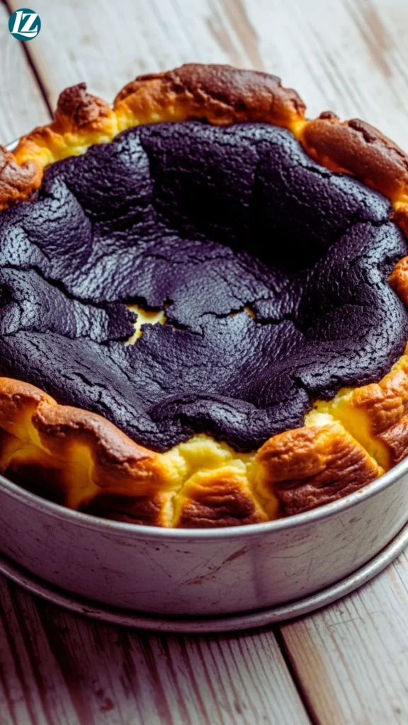 Freshly baked Basque cheesecake with burnt top in pan