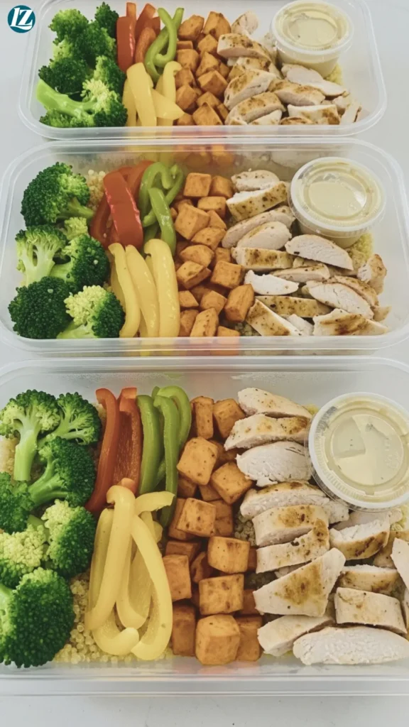 Easy Tahini Chicken Bowl 7 Tahini chicken bowl components portioned into meal-prep containers