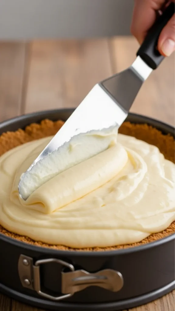 Easy No-Bake Biscoff Cheesecake 7 Cheesecake filling poured over crust and smoothed