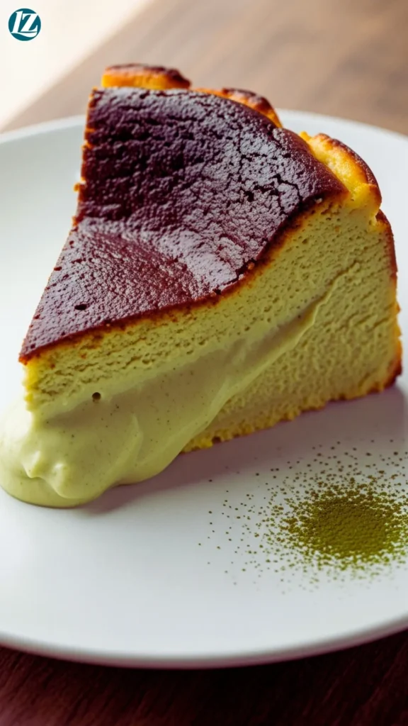 Slice of matcha Basque cheesecake showing custardy center and caramelized top