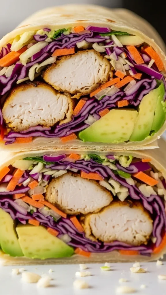 General Tso’s Chicken Wrap: Takeout Flavor, Weeknight Easy 8 Sliced wrap showing juicy chicken, crisp slaw, and creamy avocado