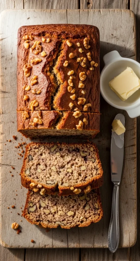 Easy Banana Nut Bread Recipe for Weeknight Comfort 7 Banana Nut Bread sliced with walnuts on top