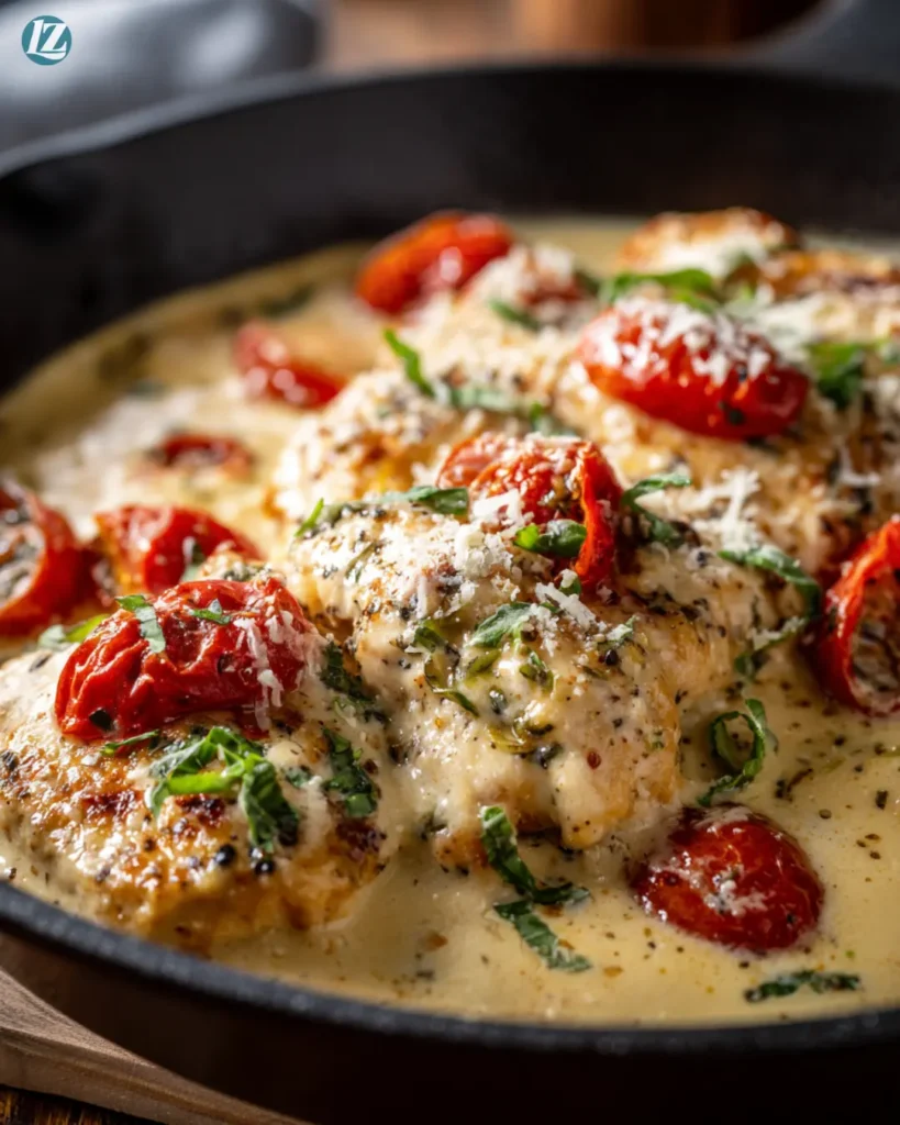 Creamy Tuscan garlic chicken served in skillet with basil