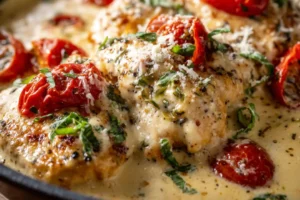 Creamy Tuscan garlic chicken served in skillet with basil