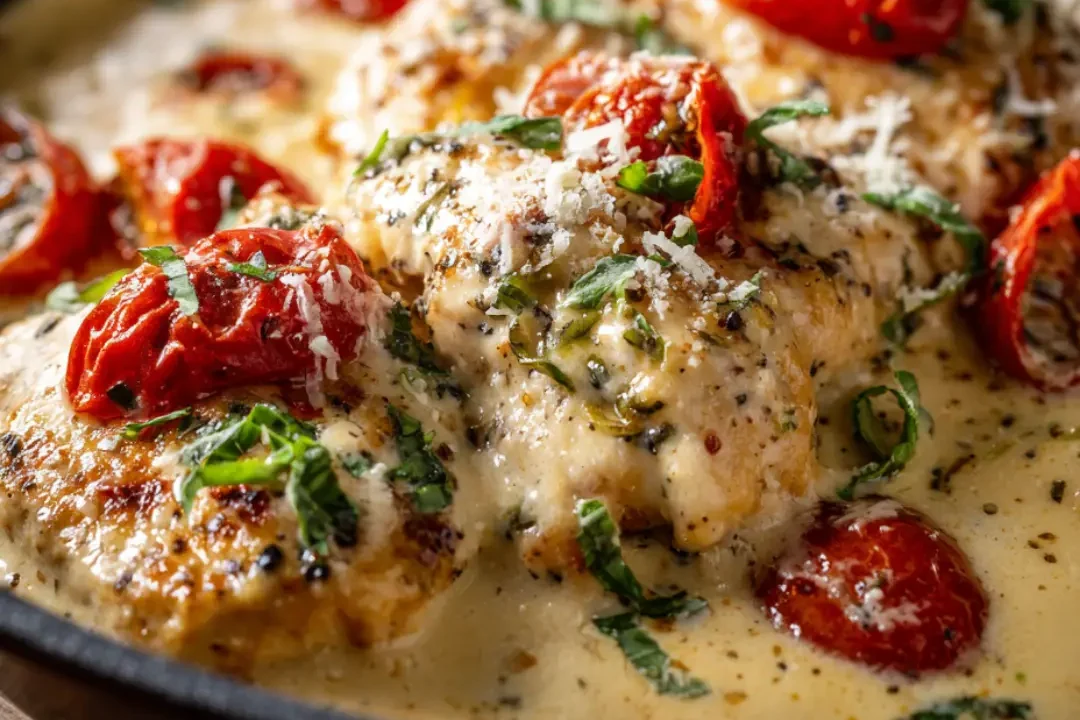Creamy Tuscan garlic chicken served in skillet with basil