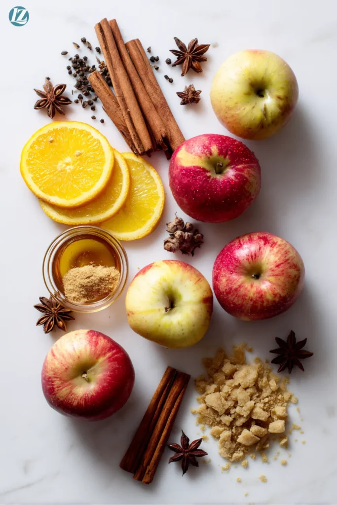Crockpot apple cider ingredients arranged neatly on counter
