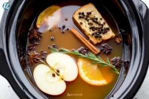 crockpot apple cider in mug with cinnamon stick