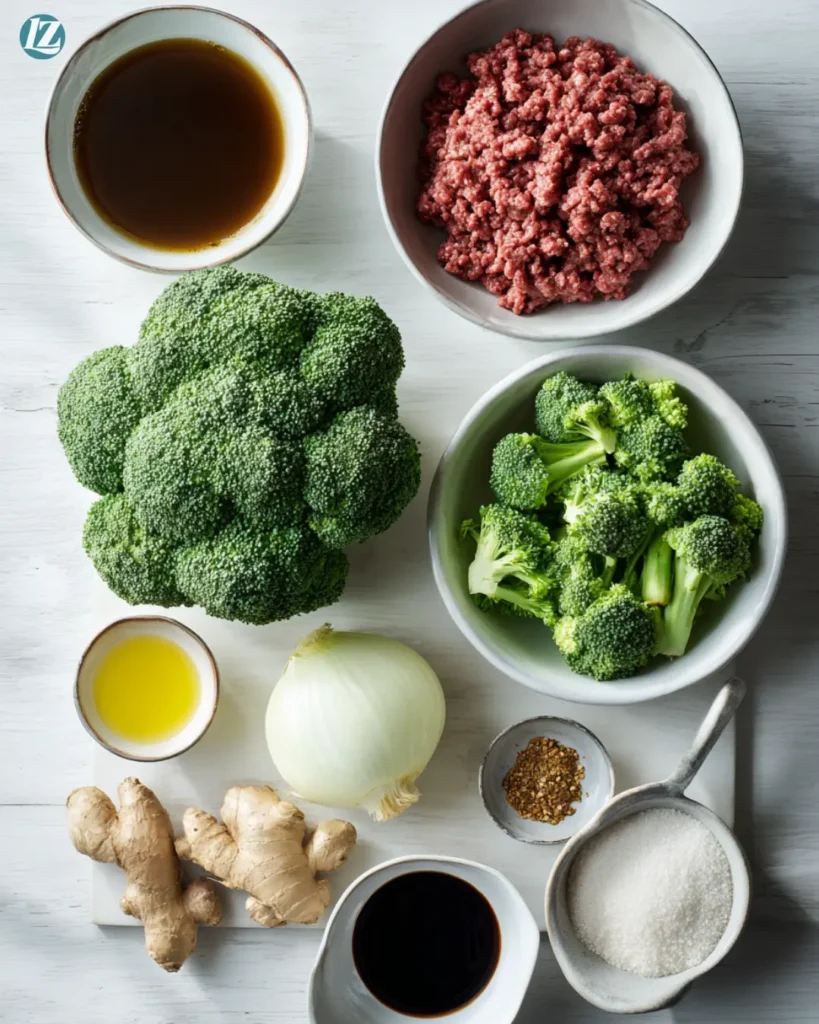 Easy ground beef and broccoli recipe ingredients neatly arranged