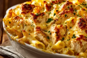 Finished Chicken Alfredo Bake close-up