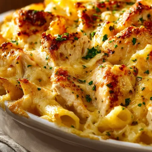 Finished Chicken Alfredo Bake close-up