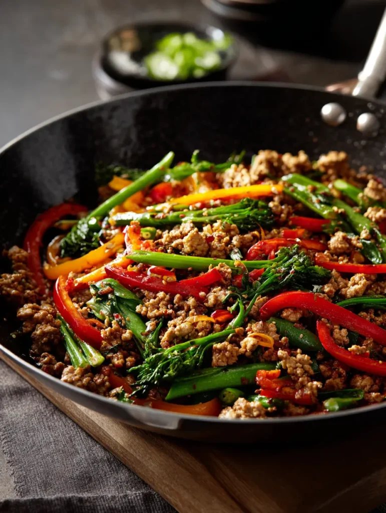 Ground Chicken Stir Fry That’s Fast, Fresh & Flavor-Packed 9 Stir Fry being cooked in a pan