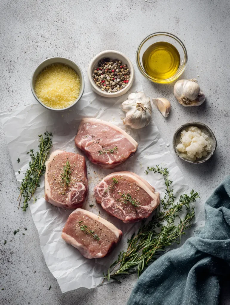 Honey Garlic Pork Chops – Juicy, Easy & Weeknight Friendly 3 Honey Garlic Pork Chops ingredients top view