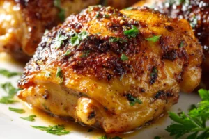 Juicy baked chicken thighs served on plate with parsley